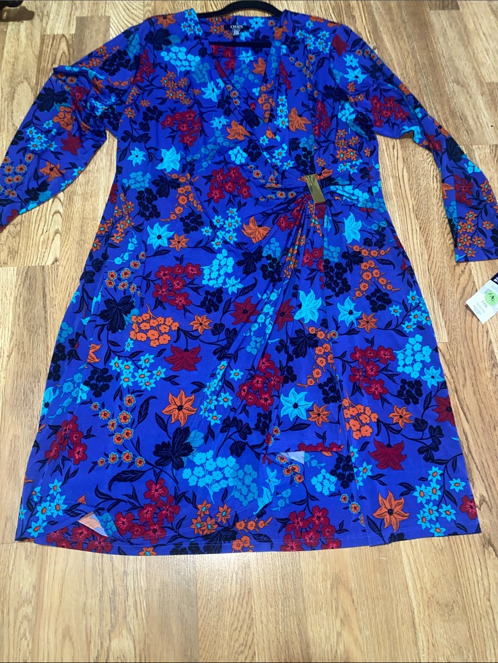 Chaps Royal Blue Floral Wrap Dress with Red & Orange Accents
